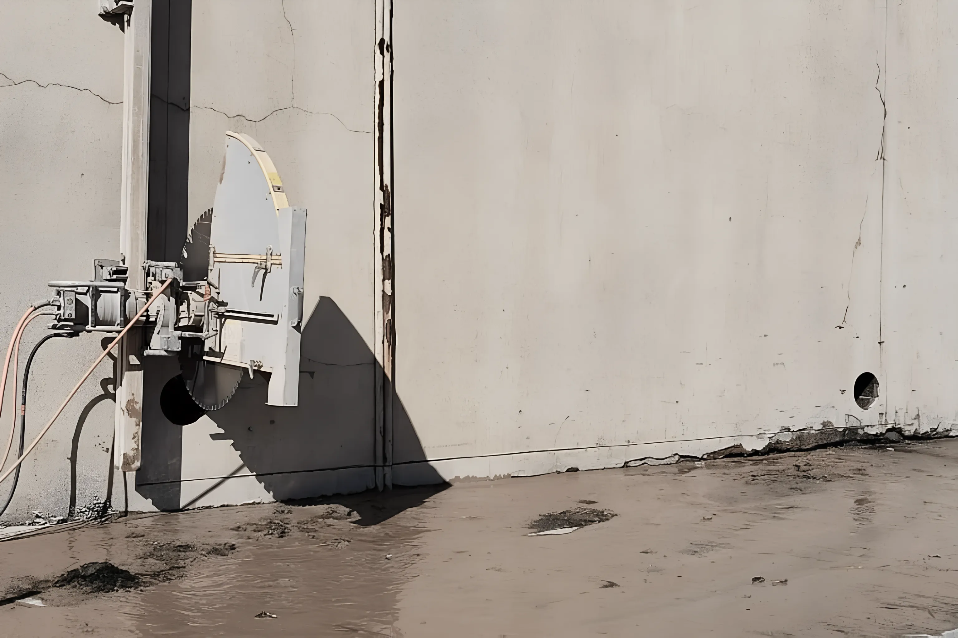 Track-mounted wall saw cutting an opening in a standing concrete wall, with water from the cut on the ground.